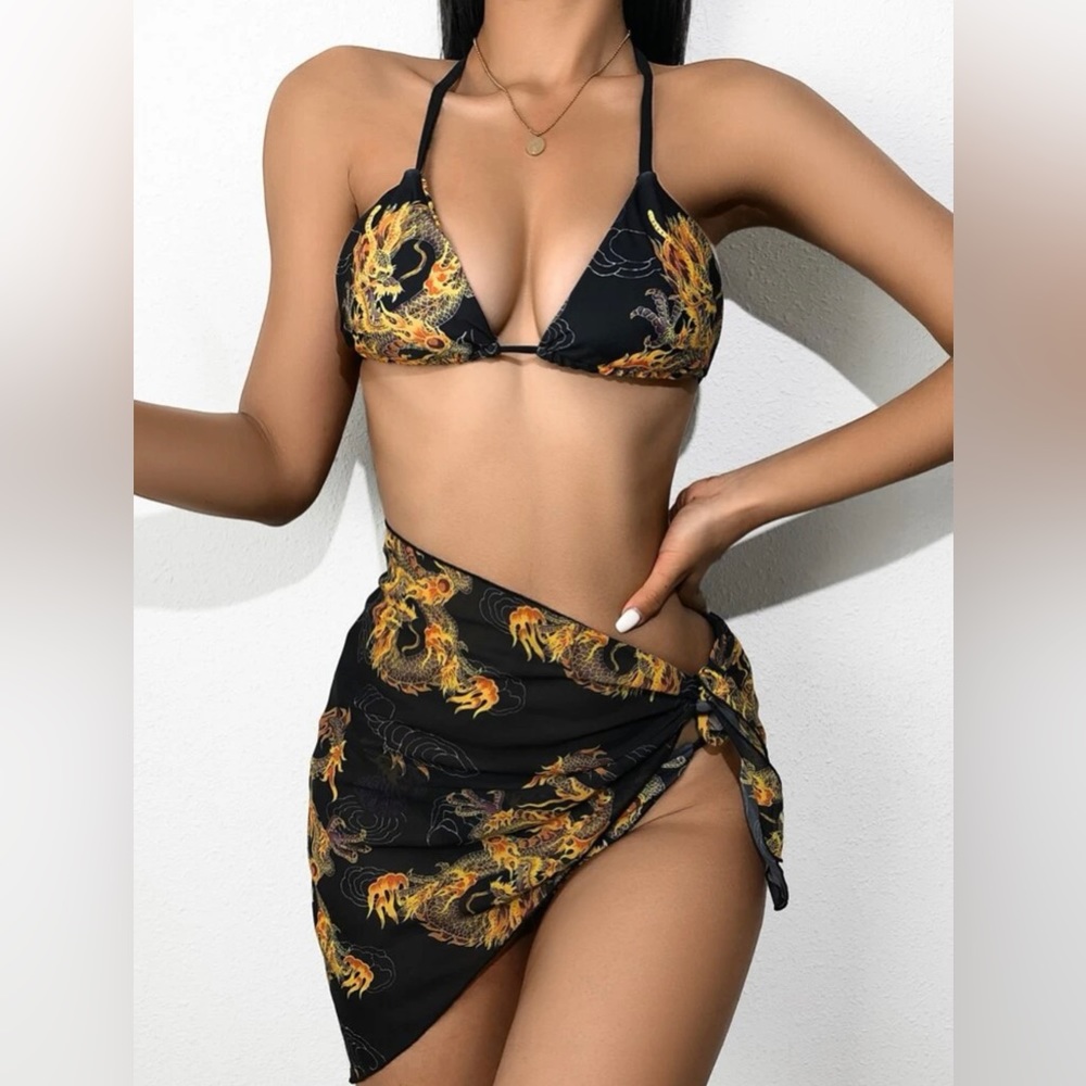 NWT 3 Piece Black Dragon Bikini Set, size L